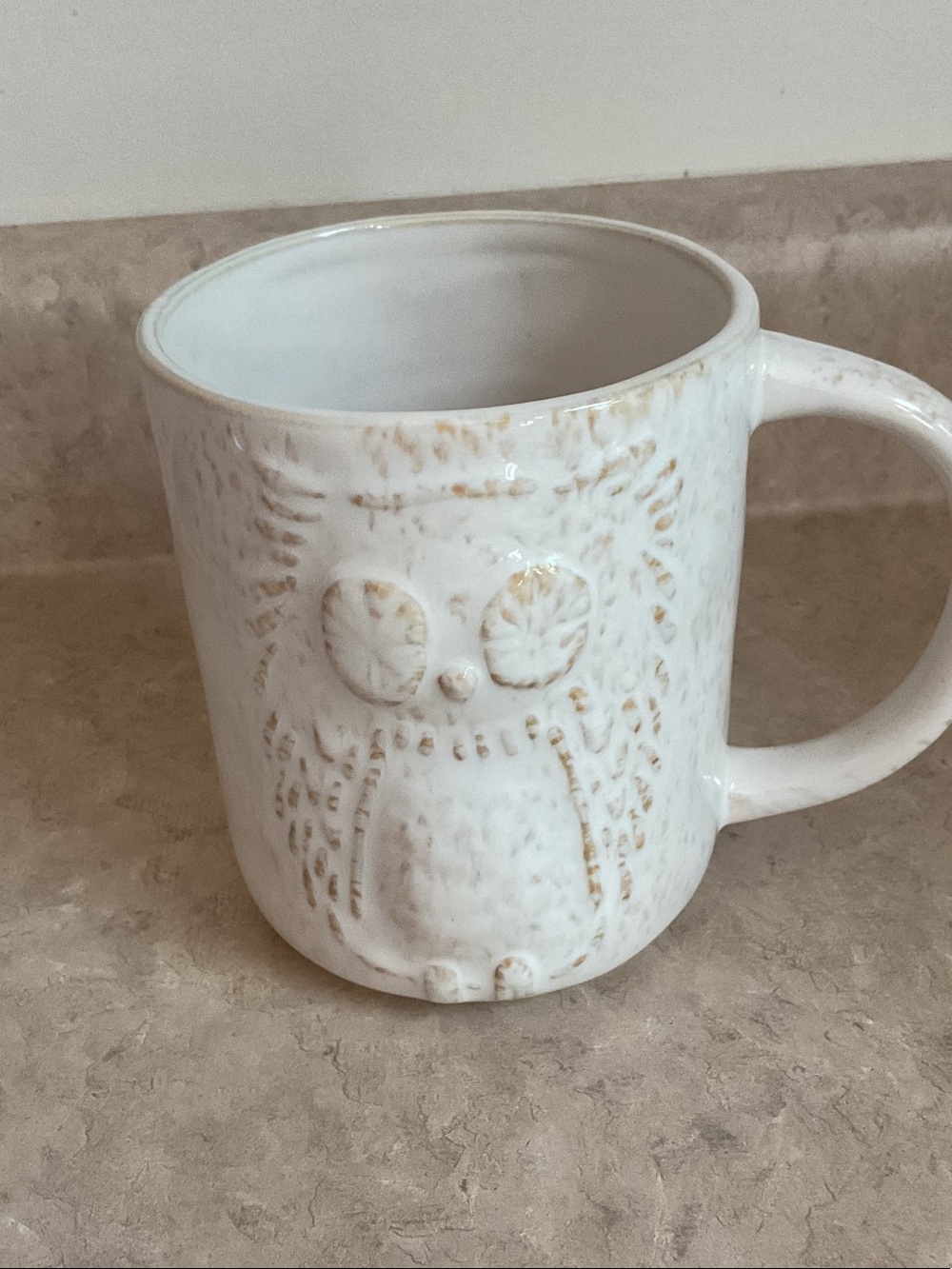 Anthropologie Pale cream and beige Ceramic owl mug